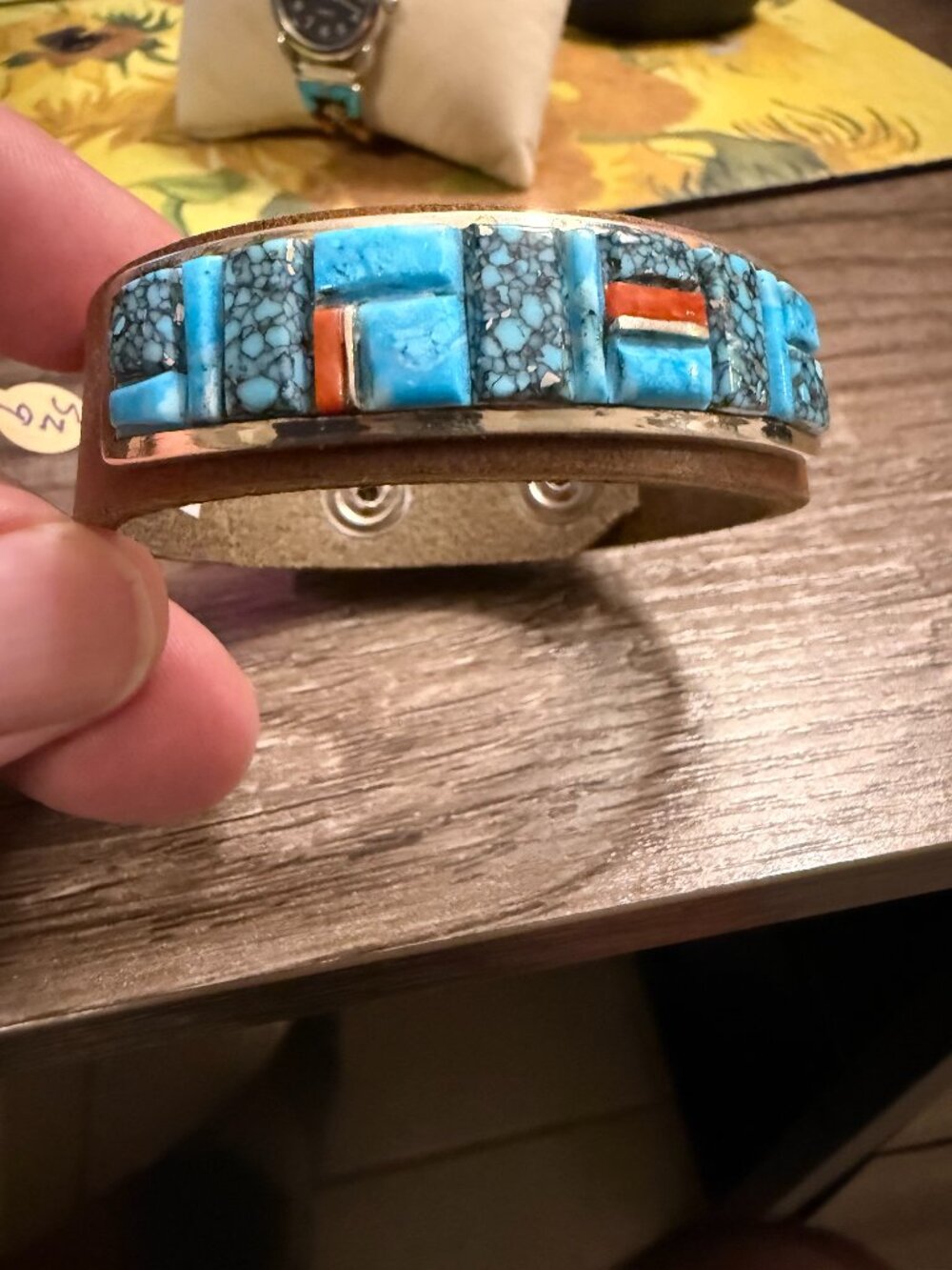 Edison Yazzie, Navajo Inlay Bracelet w/Leather strap